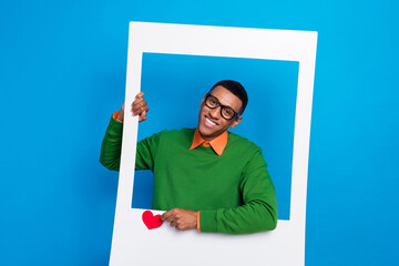 Closeup photo paper cadre frame of young positive successful influencer blogger click like symbol...