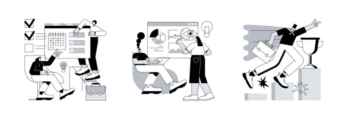 Business management abstract concept vector illustration set. Project management, workflow and leadership, waterfall and agile, development team, productivity software, coaching abstract metaphor.