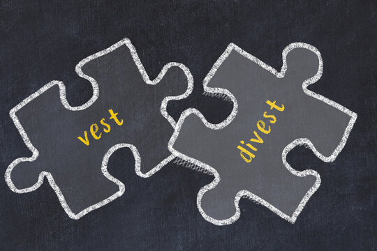Concept of dealing with troubles. Chalk sketch of connecting puzzles with words vest and divest