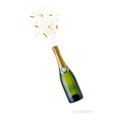 Champagne bottle with golden confetti flying isolated on white background.