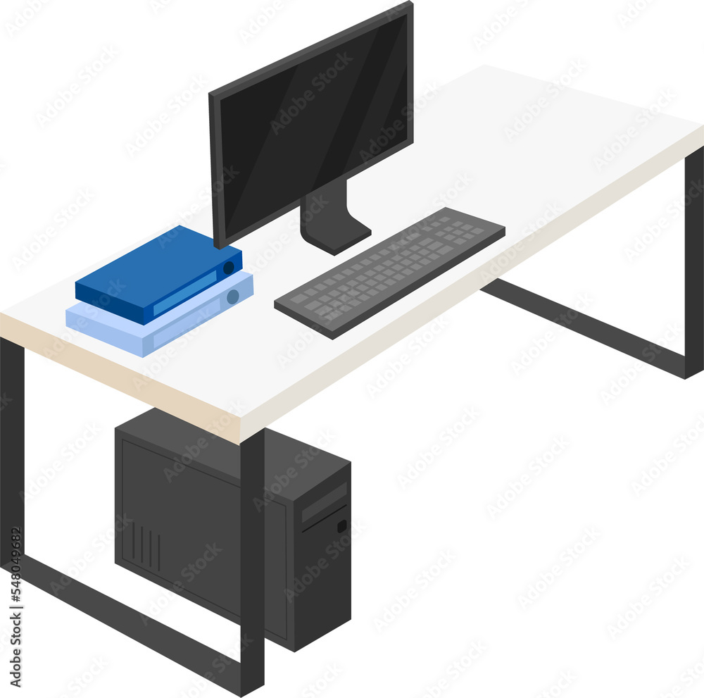 Fototapete Table with computer semi flat color raster object. Full sized item on white. Space for remote job. Workplace environment simple cartoon style illustration for web graphic design and animation