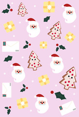 Winter seamless pattern with Santa Claus, gifts, snowflakes and gingerbread on pink background.Surface design for textile, fabric, wallpaper, wrapping, giftwrap, paper, scrapbook and packaging