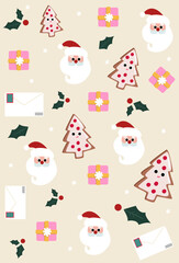 Winter seamless pattern with Santa Claus, gifts, snowflakes and gingerbread on yellow background.Surface design for textile, fabric, wallpaper, wrapping, giftwrap, paper, scrapbook and packaging