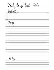 To do list for the day. Scheduler. Schedule, reminder, organizer, goals, plans.