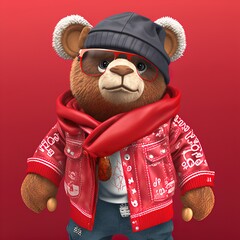 Cute, funny teddy bear in a red jacket and sunglasses. 3d illustration