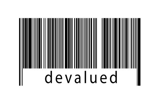 Digitalization concept. Barcode of black horizontal lines with inscription devalued