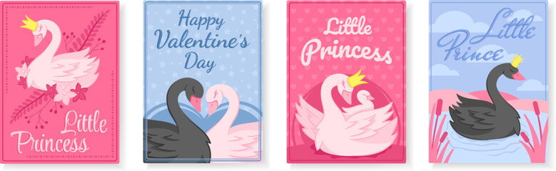 Swans posters. Elegant baby little princess and prince swans, valentines day card and beautiful bird with crown vector set