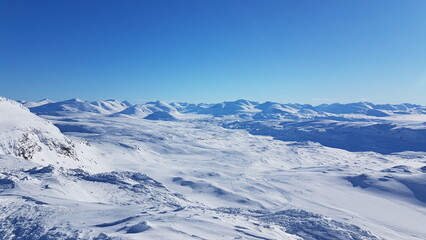 View over snowy swedish mountains in Riksgränsen, Lappland.