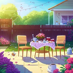 Backyard garden with served table, teapot, cups, flowers and chairs with soft pillows. cottage barbecue area with fence and trees. summer morning breakfast at home park, cartoon 2d illustrated illustr