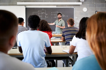 Male Tutor Teaching University Students In Classroom. Rear view from college attending at teacher...
