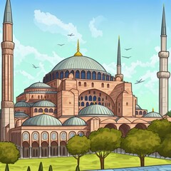Fototapeta na wymiar Famous hagia sophia mosque at suncartoon style, istanbul, turkey.