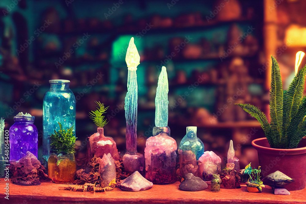 Wall mural Wiccan Crystal Workshop with Shelves full of Witchy Items