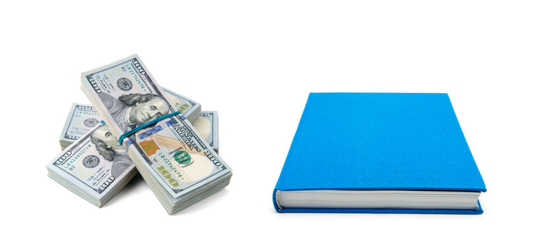 American dollars and blue notebook on a white background