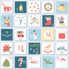 Fototapeta na wymiar Christmas advent calendar in cartoon flat style. Hand drawn vector illustration of New Year characters and festive items