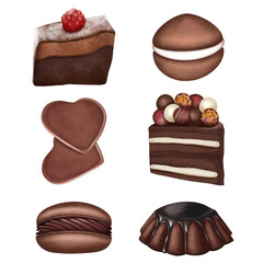 Set of aesthetic chocolate cakes and macarons, isolated illustration on white background, chocolate desserts clipart