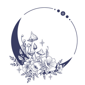 Set of Crescent moons with flower, Flower Moon, Floral magic celestial clipart, Blooming Moon with Stars and mushrooms