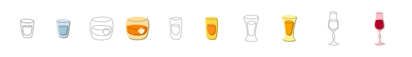 Vodka whiskey rum tequila liquor glass on white background. Cartoon sketch graphic design. Flat style. Colored hand drawn image. Party drink concept for restaurant, cafe, party. Freehand drawing style