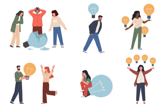 Idea bulbs people. Inspiration and crisis, geniuses persons with glowing light bulbs, persons and team with braked lamps, successful and unsuccessful solution, nowaday vector isolated set