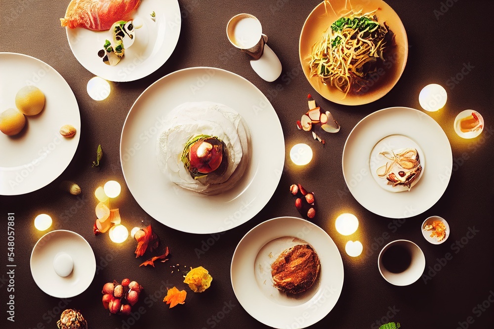 Poster a table topped with plates of food and candles next to candles and plates of food on a table top gen