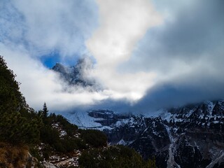 hiking in dolomiti di brenta in the beginning of winter