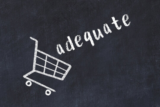Chalk drawing of shopping cart and word adequate on black chalboard. Concept of globalization and mass consuming