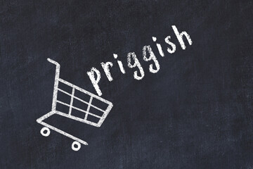 Chalk drawing of shopping cart and word priggish on black chalboard. Concept of globalization and mass consuming