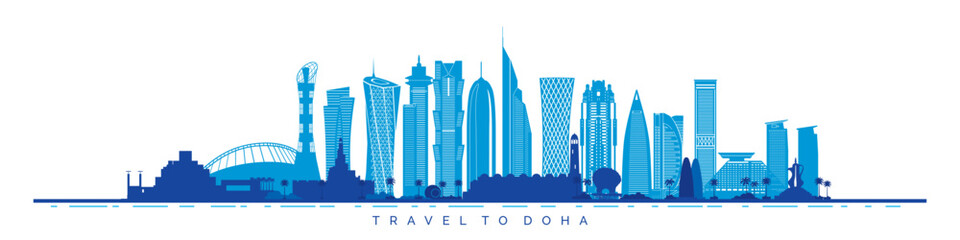 Fototapeta premium Architectural landmarks of Doha city vector silhouette illustration on white background. Famous places to visit in Qatar.