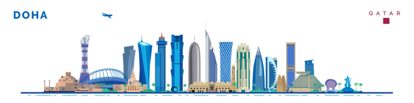 Colorful vector illustration of landmarks and skyscrapers of Qatar capital Doha city.