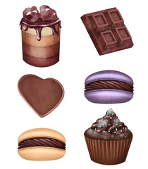 Set of aesthetic chocolate cakes and macarons, isolated illustration on white background, chocolate desserts clipart