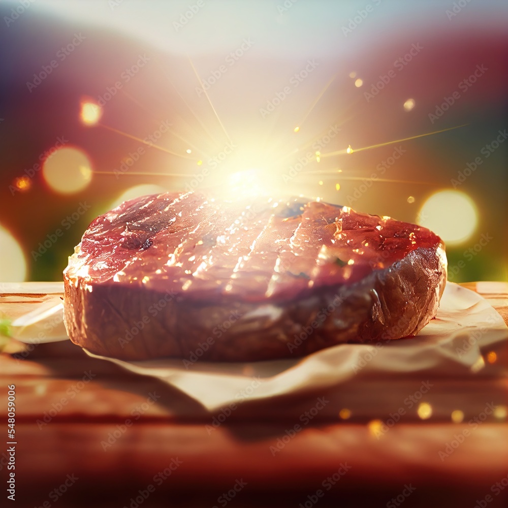 Poster a steak steak on a piece of paper on a table with a bright light coming from behind it and a napkin 