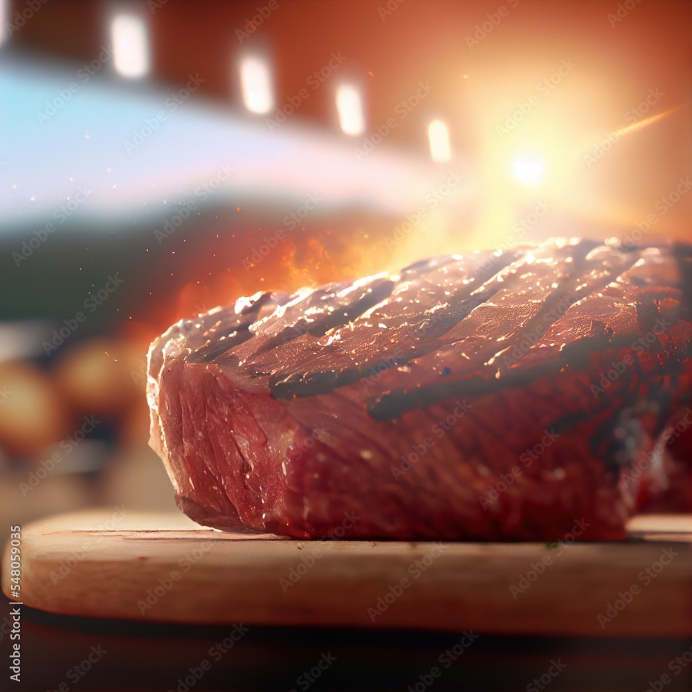 Poster a steak steak on a cutting board with a blurry background of a restaurant setting in the background 