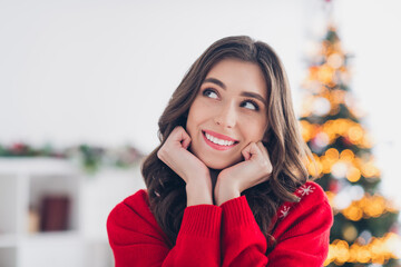 Closeup portrait photo of funny cute lady brunette hair look interested curious want get new...
