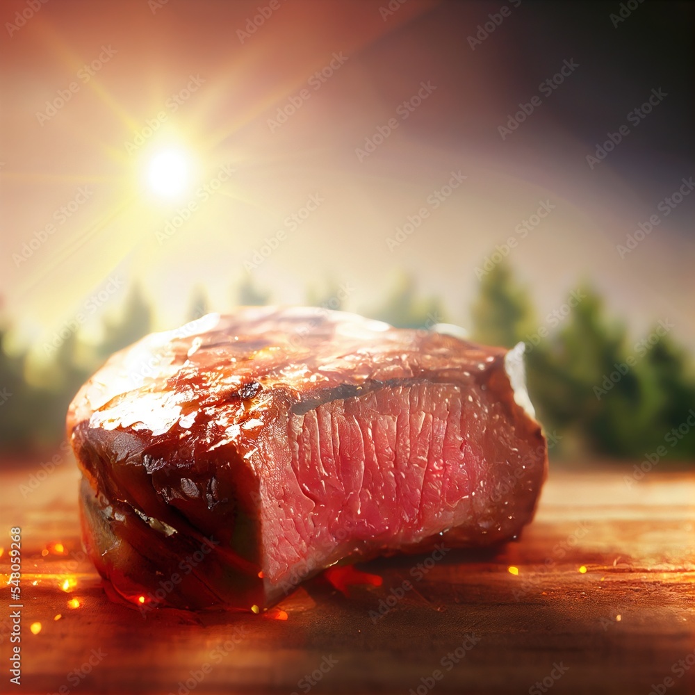 Poster a piece of steak on a cutting board with a sunset in the background and trees in the foreground gene