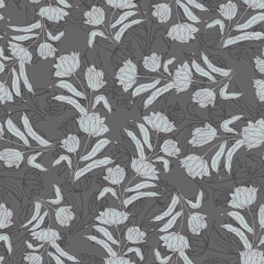 Spring tulips flower, gray color seamless pattern for textile vector background