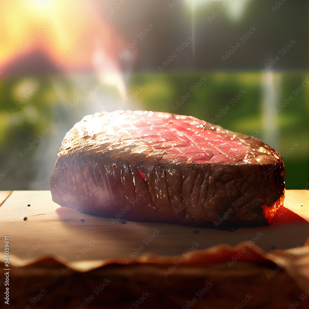 Poster a steak steak is sitting on a cutting board with a knife and fork in it's mouth generative ai