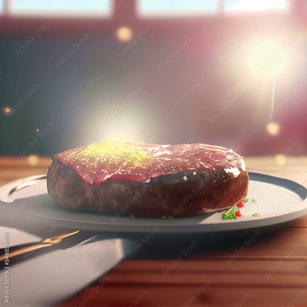 Poster a piece of meat on a plate with a fork and knife on a table with a window in the background generati