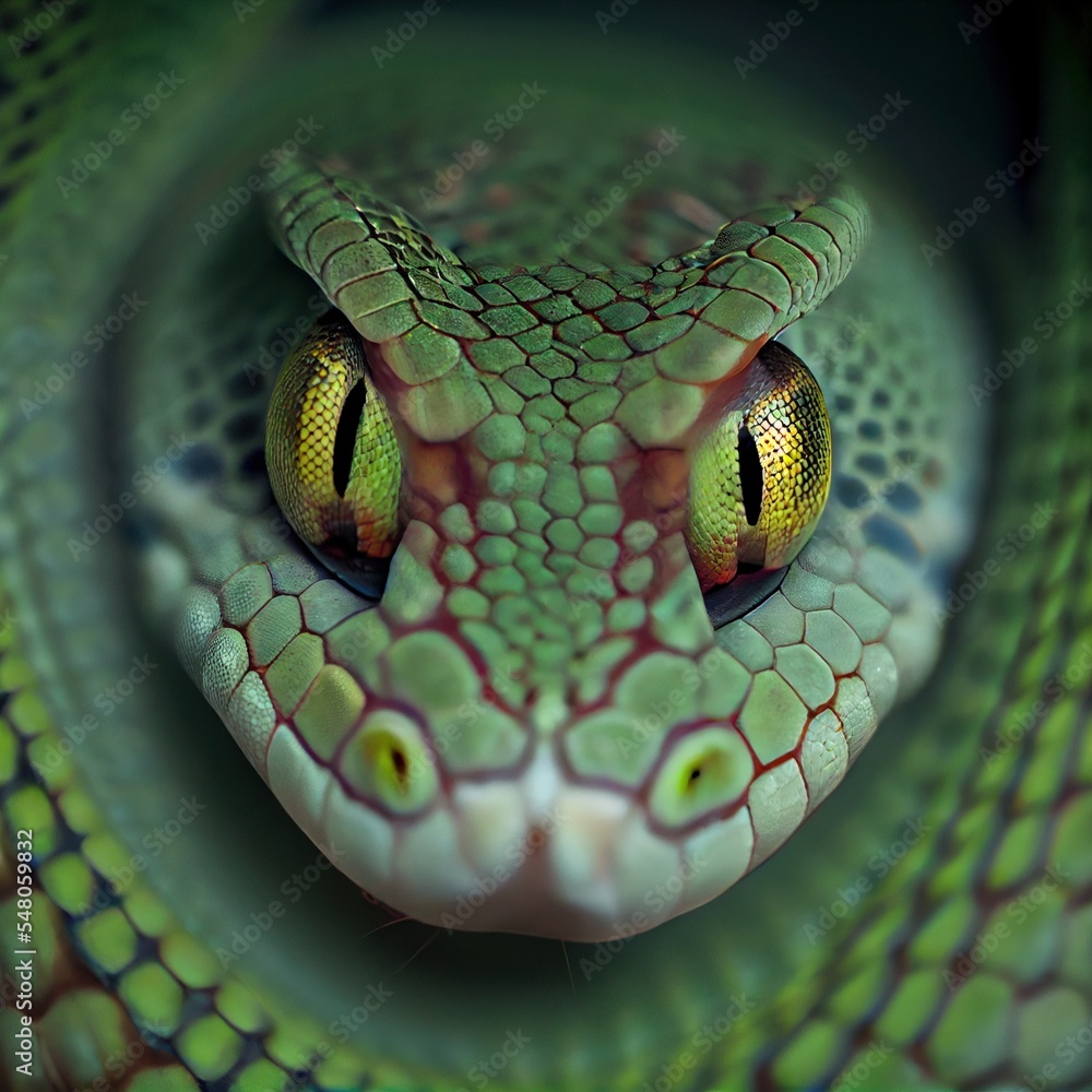 Poster a close up of a snake's face with yellow eyes and a green background with a snake's head generative 