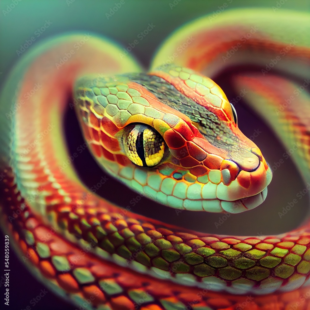 Poster a colorful snake with a yellow eye and a black background is shown in this image generative ai