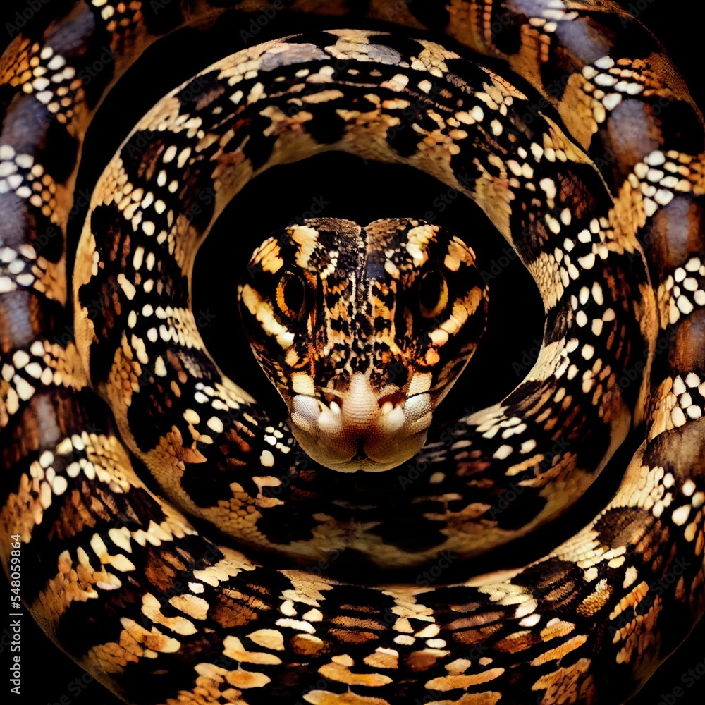 Poster a snake is shown in a circular picture with its mouth open and tongue out generative ai
