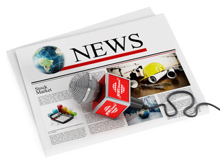 Newspaper and microphone on transparent background.