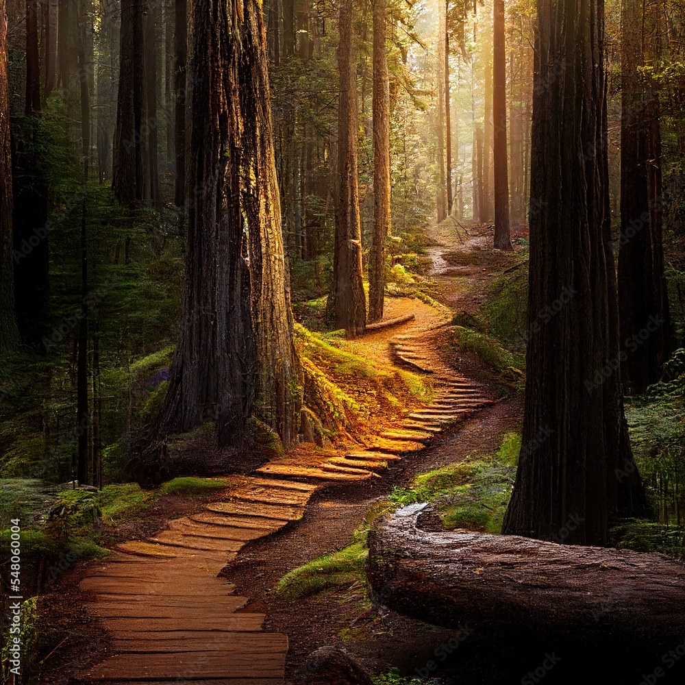 Poster  a path in the middle of a forest with a tree trunk on the side of it and a path leading to the top Generative AI