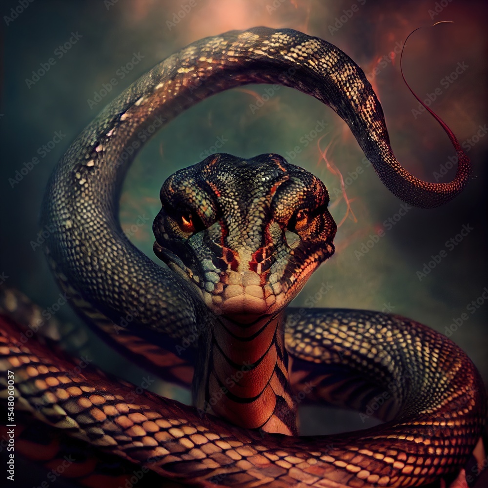 Poster a snake with a red eye and a black head with a red stripe around its neck and a red eye generative a
