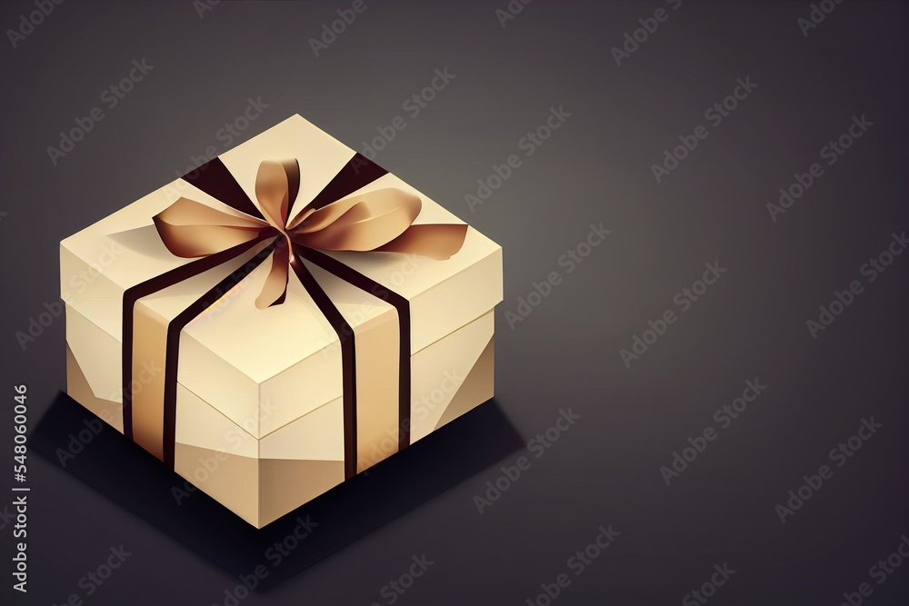 Poster a gift box with a bow on it is shown in a black background with a shadow on the floor generative ai