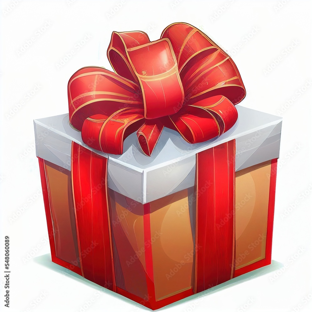 Poster a red bow on a white box with a red ribbon on it's top and a white background generative ai