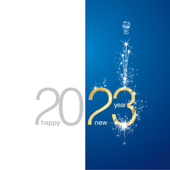 2023 golden Happy New Year sparkle firework white blue background greeting card