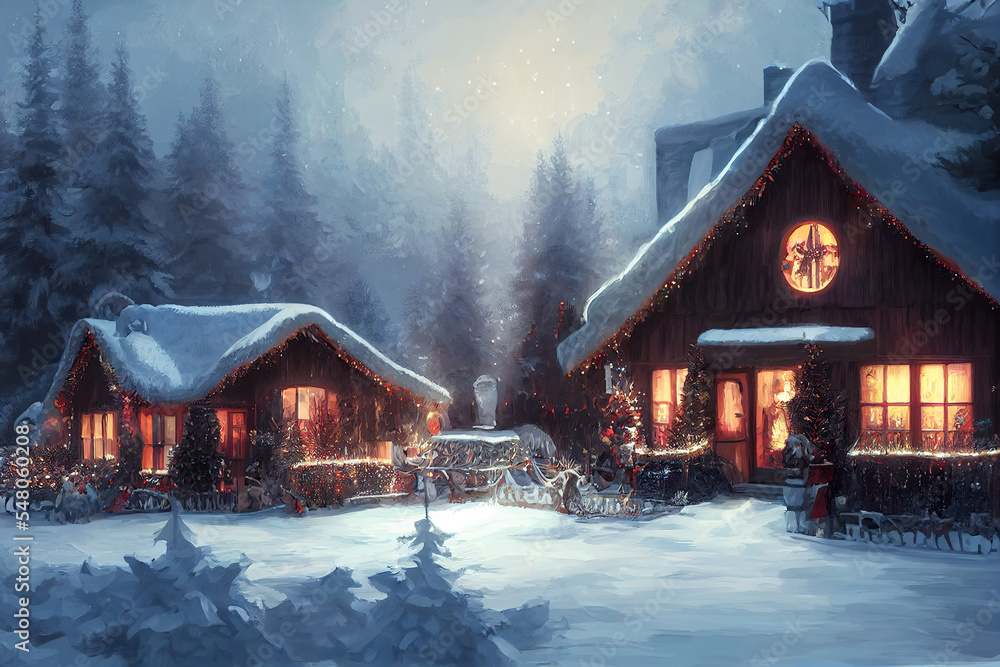 Wall mural cozy christmas house with snow concept art illustration