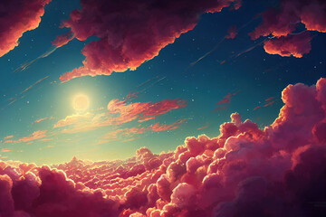Magical sky with pink clouds concept art illustration