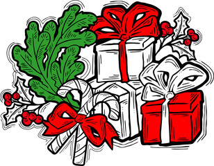 Christmas and New Year present, xmas gift. Decorative elements design composition for poster print, party celebration invitation, sale promotion banner. Hand drawn cartoon style illustration.