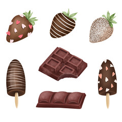 Set of chocolate bar, candies and strawberries in chocolate, isolated illustration on white background, chocolate sweets clipart