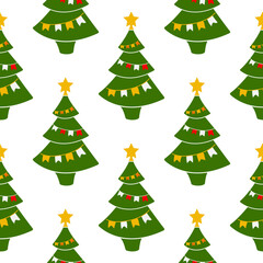 Seamless pattern Christmas tree with flags and star. Decorated coniferous tree. Christmas pattern on a white background. Vector illustration